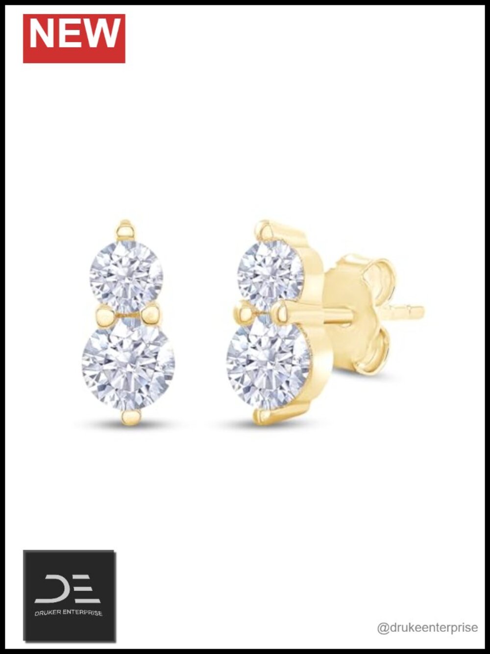 Sterling Silver 2 Stone Moissanite Stud Earrings 18K Yellow Gold Plated